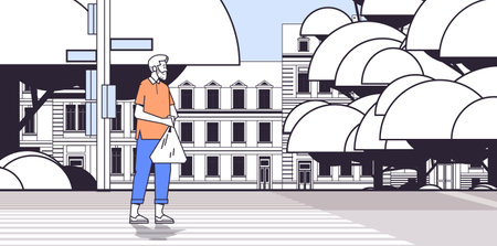 man with shopping plastic bag walking on street pedestrian crosswalk cityscape background horizontalのイラスト素材