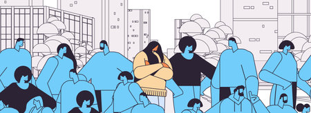 tired depressed woman standing out from crowd girl feeling desperate mental health diseases depressionのイラスト素材