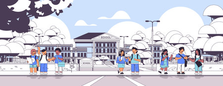 group of mix race pupils walking in front of school building primary schoolchildren near crosswalk back to school conceptのイラスト素材