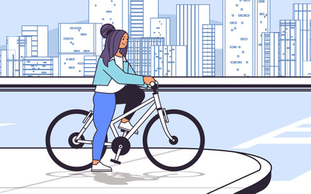 young woman cyclist waiting for green traffic light to cross road on crosswalk girl riding bicycle healthy lifestyleのイラスト素材