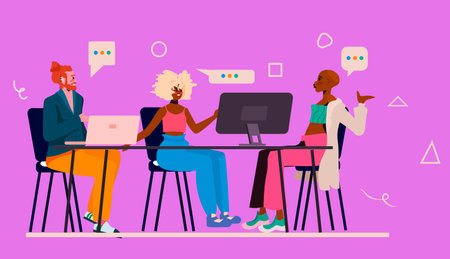 mix race people in trendy clothes with chat bubbles chatting online generation Z lifestyle conceptのイラスト素材