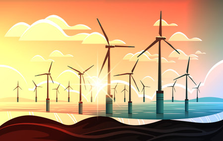 offshore wind farm with turbines in sea or ocean renewable water station energy production alternative power generationのイラスト素材