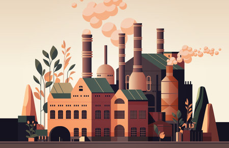 energy generation plant with chimneys electricity production industrial manufacturing building heavy industry factoryのイラスト素材