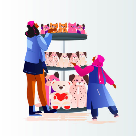 mother and little daughter in boutique choosing toys in kids store big sale shopping conceptのイラスト素材