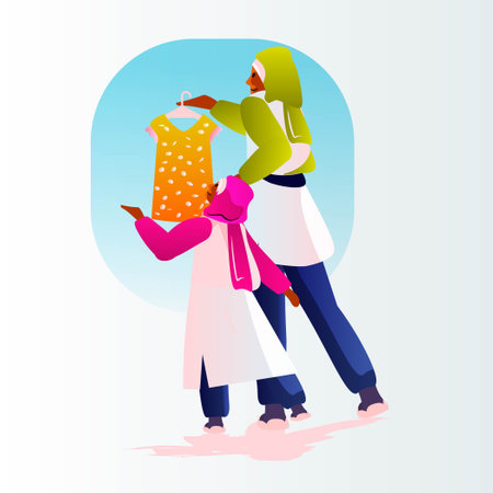 mother and daughter in boutique choosing and buying trendy clothes in kids clothing store big sale shoppingのイラスト素材