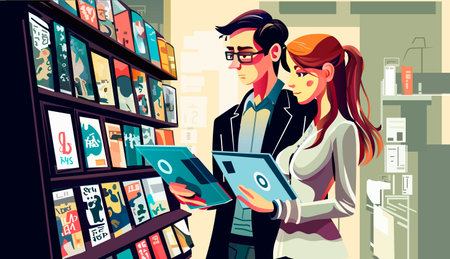 young couple choosing books to buy in bookstore man woman standing by shelves with different literatureのイラスト素材