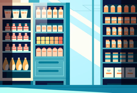 modern grocery shop interior supermarket with food product shelves racks with dairy fridge with drinksのイラスト素材