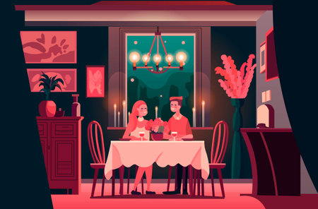 young couple in love man woman sitting at cafe table happy valentine day celebration relationship and romantic dateのイラスト素材