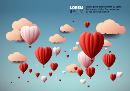 paper cut air balloons in heart shape happy valentine day poster or voucher holiday celebration sale header templateのイラスト素材