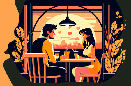 young couple in love man woman sitting at cafe table happy valentine day celebration relationship and romantic dateのイラスト素材