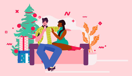 mix race couple celebrating new year near decorated fir tree christmas holidays celebration conceptのイラスト素材