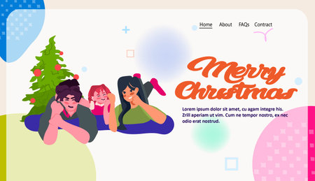 family haning fun near decorated fir tree happy new year merry christmas winter holidays celebration conceptのイラスト素材