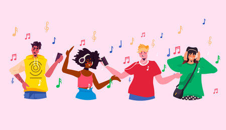 people in trendy clothes listening to music generation Z lifestyle concept new modern demography trendのイラスト素材