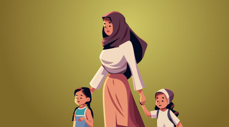 arab mother and little children walking together mom taking daughters to school or kindergarten motherhoodのイラスト素材