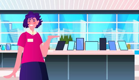 female seller consultant recommends a favorable offer in electronics store big sale shopping conceptのイラスト素材