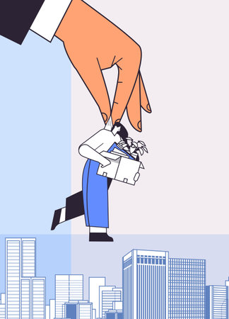 big boss hand holding fired dismissed business woman with things unemployment crisis jobless employee job reduction layoffのイラスト素材