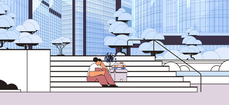 depressed businesswoman in despair sitting on stairs dismissed business woman with things unemployment crisisのイラスト素材