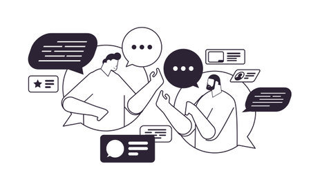 businesspeople couple with chat bubbles discussing during meeting communication concept horizontal linearのイラスト素材