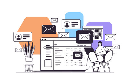 businesswoman sending or receiving letters email inbox message notification new unread mail business communicationのイラスト素材