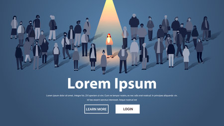 people group near spotlight businesswoman leader silhouette creative person standing out from grey crowd think differentのイラスト素材