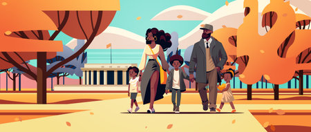parents and little children walking together in urban park mother father and kids standing together parenthoodのイラスト素材