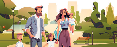 parents and little children walking together in urban park mother father and kids standing together parenthoodのイラスト素材
