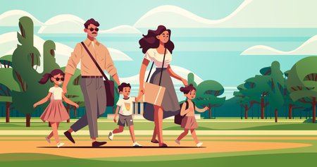 parents and little children walking together in urban park mother father and kids standing together parenthood big familyのイラスト素材