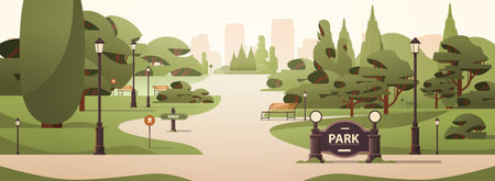 wooden benches and green trees in public summer city park horizontalのイラスト素材