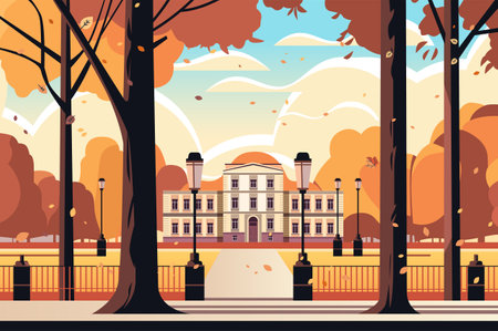 front view of administrative governmental traditional classic building in public autumn city park horizontalのイラスト素材