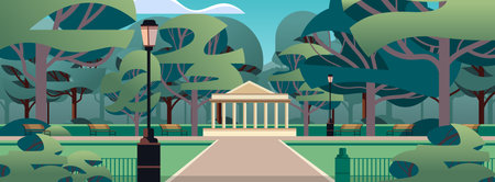green trees in public summer city park horizontalのイラスト素材
