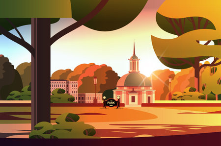 front view of administrative governmental traditional classic building and church in public autumn city parkのイラスト素材