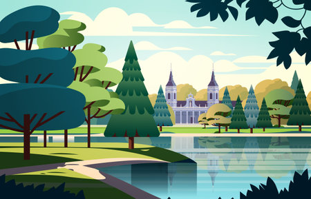 front view of administrative governmental traditional classic building and church in public summer city parkのイラスト素材
