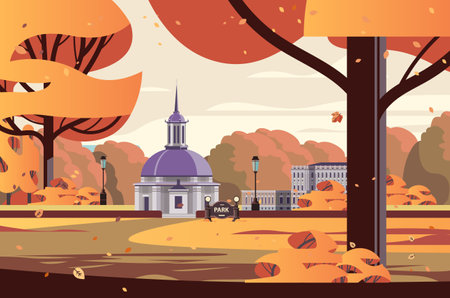 front view of administrative governmental traditional classic building and church in public autumn city parkのイラスト素材