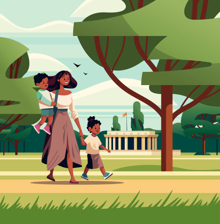 mother and little children walking in urban park together woman spending time with kids outdoor motherhood happy familyのイラスト素材