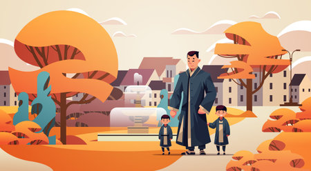 japan father and children walking in urban park together fatherhood happy family conceptのイラスト素材