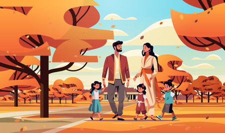 parents and little children walking together in park mother father and kids standing together big family conceptのイラスト素材
