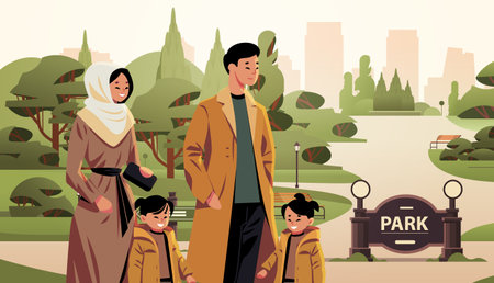 asian parents and little children walking together in urban park mother father and kids standing together parenthood big familyのイラスト素材