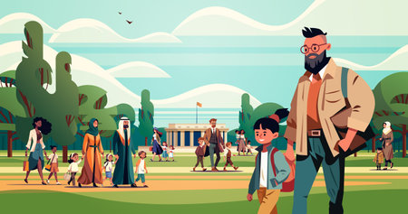 parents and little children walking together in park people performing leisure activities outdoors landscape backgroundのイラスト素材