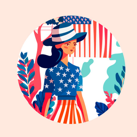 woman wearing cloth similar USA flag girl in american clothes celebrating independence day portraitのイラスト素材