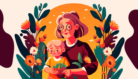 grandmother hugging her little grandson loving family parenthood childcare happy grandparents day conceptのイラスト素材