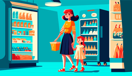 mother and little daughter shopping at supermarket with products in cart family in store buying groceries modern market interiorのイラスト素材