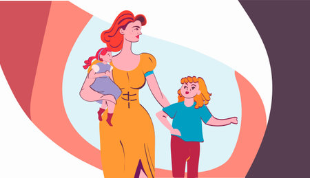 mother with her little daughters loving family parenthood childcare concept mothers day card templateのイラスト素材