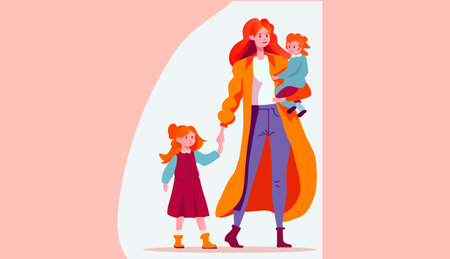 mother walking with her little daughters loving family parenthood childcare concept mothers day card templateのイラスト素材