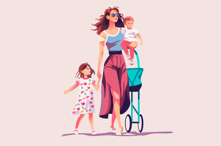 mother walking with her little daughters loving family parenthood childcare concept mothers day card templateのイラスト素材