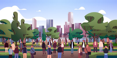 multiethnic people group walking outdoor mix race men women crowd spending time in urban park cityscapeのイラスト素材