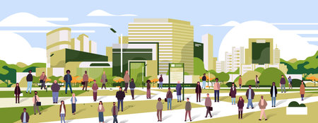 multiethnic people group walking outdoor mix race men women crowd spending time in urban park cityscape backgroundのイラスト素材