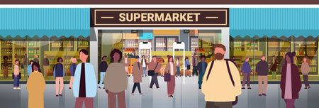 multiethnic people group mix race men women customers crowd near modern supermarket horizontal