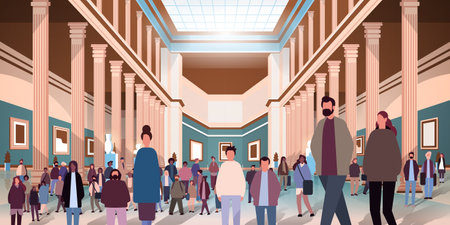 multiethnic people group mix race men women crowd in modern art gallery or museum horizontalのイラスト素材