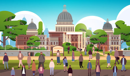 multiethnic people group standing near governmental building mix race men women crowd walking outdoorのイラスト素材