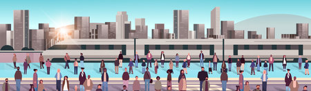 multi-ethnic people group standing on railway station mix race men women waiting train on platform public transport conceptのイラスト素材